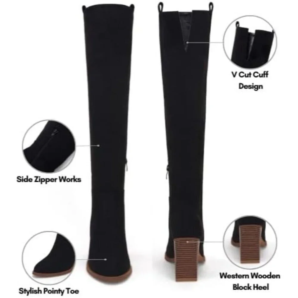 Womens Black Faux Suede Knee High Side Zipper Chunky Heel Winter Stretch Boots